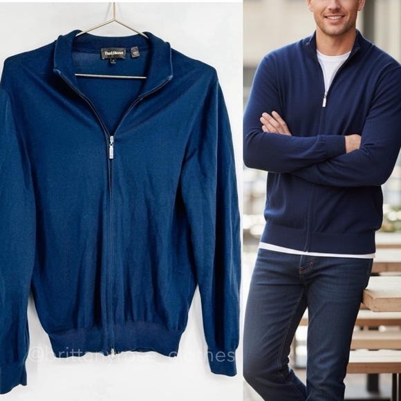 PAUL STUART Cotton Full Double Zip Cardigan Jacket Sweater in Navy - Picture 2 of 9